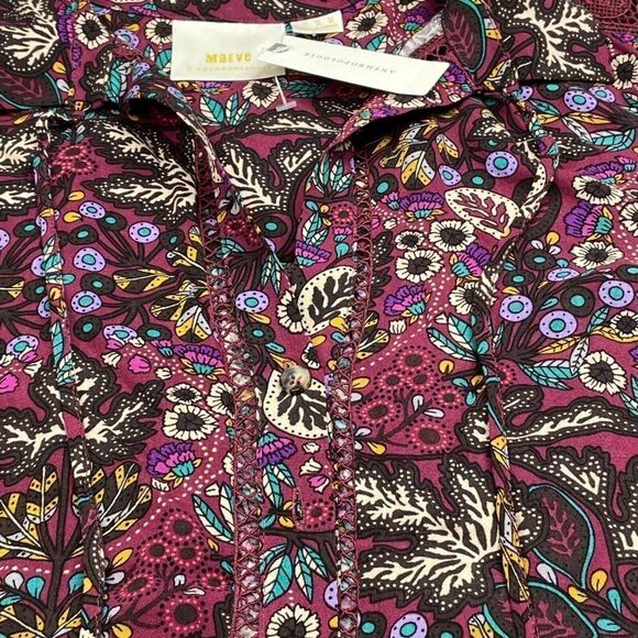 Maeve By Anthropologie Janie Flounced Peasant Blouse Purple Motif NEW - Picture 7 of 10